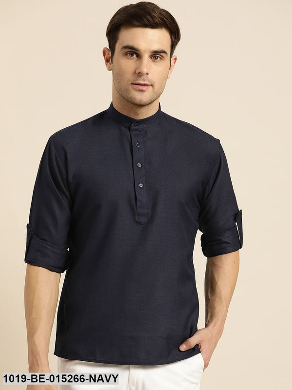 Men's Cotton Navy Blue Solid Short Kurta - Sojanya