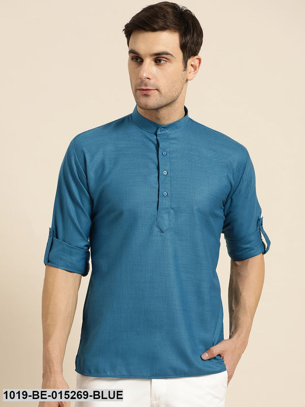 Men's Cotton Peacock Blue Solid Short Kurta - Sojanya