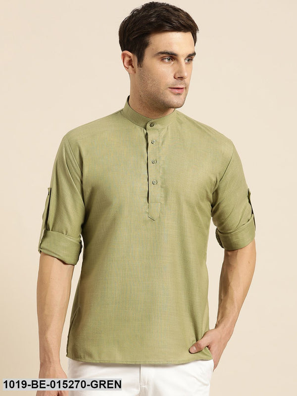 Men's Cotton Pista Green Solid Short Kurta - Sojanya