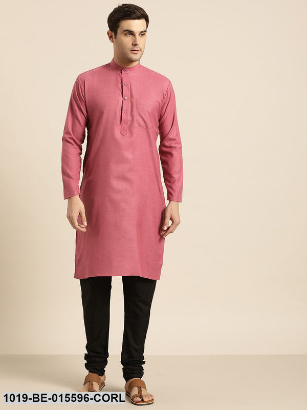 Men's Cotton Dark Coral Solid Only Kurta - Sojanya