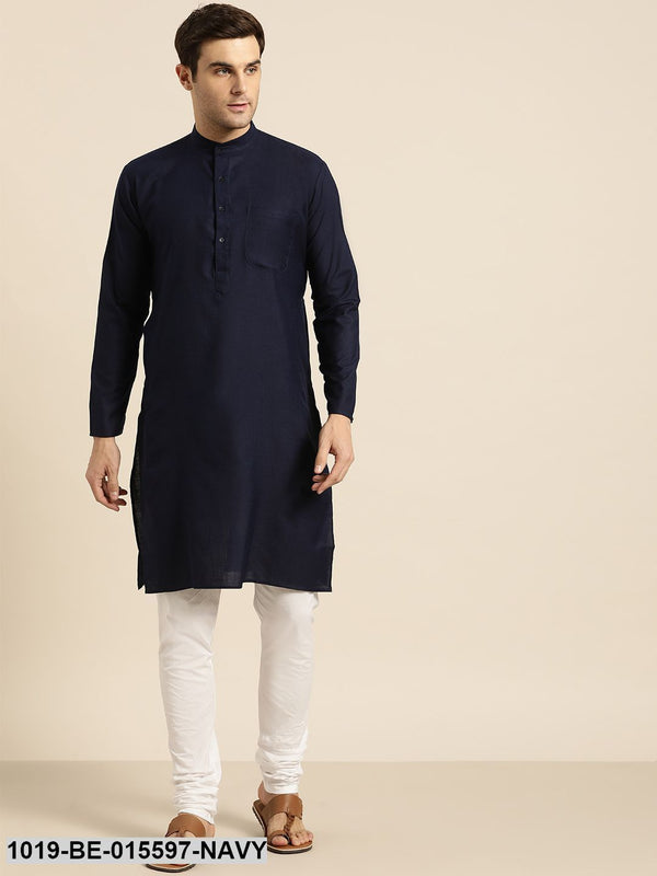 Men's Cotton Navy Blue Solid Only Kurta - Sojanya