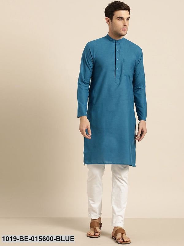 Men's Cotton Peacock Blue Solid Only Kurta - Sojanya