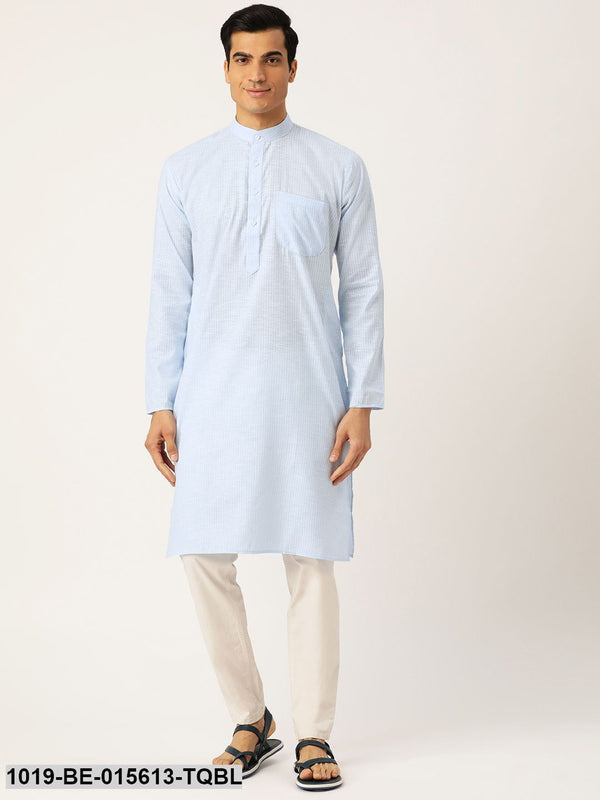 Men's Cotton Sky Blue & White Striped Only Kurta - Sojanya