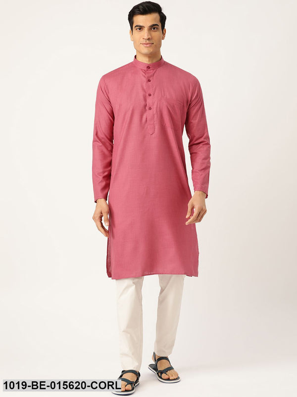 Men's Cotton Dark Coral Solid Only Kurta - Sojanya