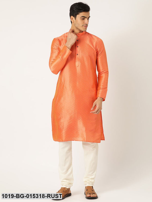 Men's Silk Blend Light Rust Solid Kurta & Off-white Churidar Pyjama Set - Sojanya