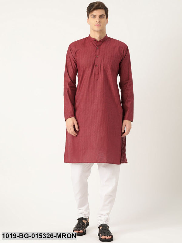 Men's Cotton Maroon Striped Kurta & White Churidar Pyjama Set - Sojanya