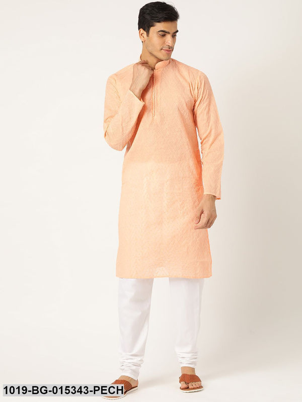 Men's Pure Cotton Peach Chikankari Kurta & White Churidar Pyjama Set - Sojanya