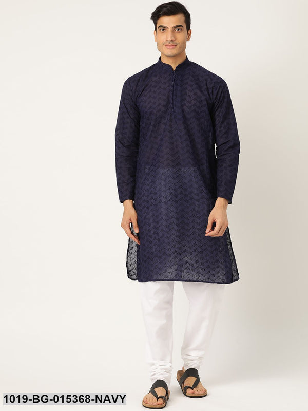 Men's Pure Cotton Navy Blue Chikankari Kurta & White Churidar Pyjama Set - Sojanya