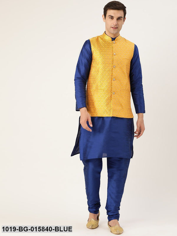 Men's Silk Blend Royal Blue Kurta Pyjama & Mustard Nehru jacket Combo - Sojanya