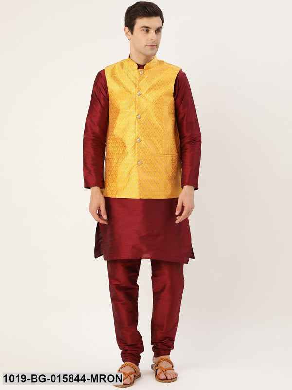 Men's Silk Blend Maroon Kurta Pyjama & Mustard Nehru jacket Combo - Sojanya