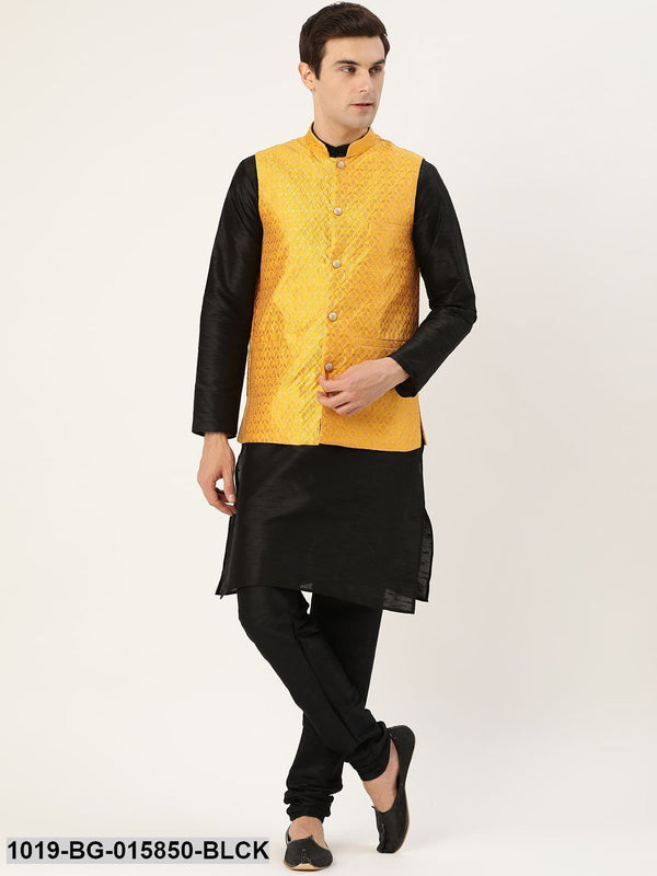 Men's Silk Blend Black Kurta Pyjama & Mustard Nehru jacket Combo - Sojanya