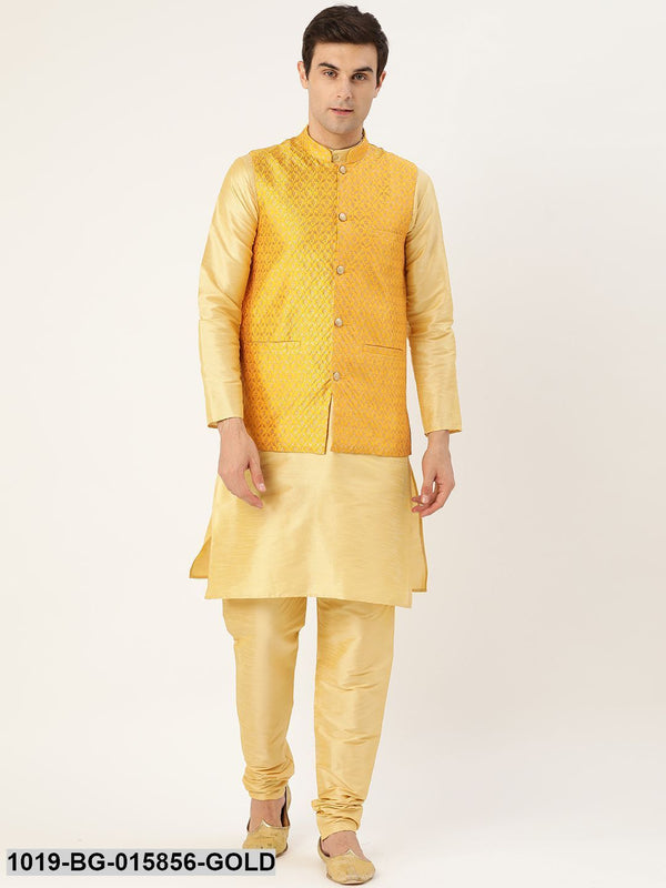 Men's Silk Blend Gold Kurta Pyjama & Mustard Nehru jacket Combo - Sojanya