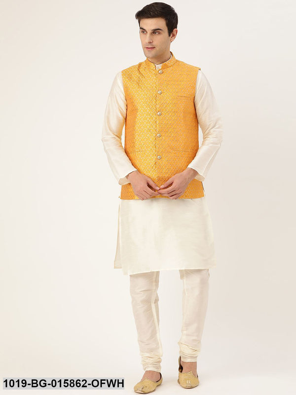 Men's Silk Blend Off White Kurta Pyjama & Mustard Nehru jacket Combo - Sojanya