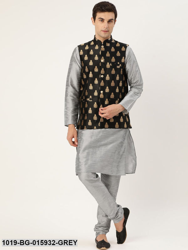 Men's Silk Blend Grey Kurta Pyjama & Black Nehru jacket Combo - Sojanya