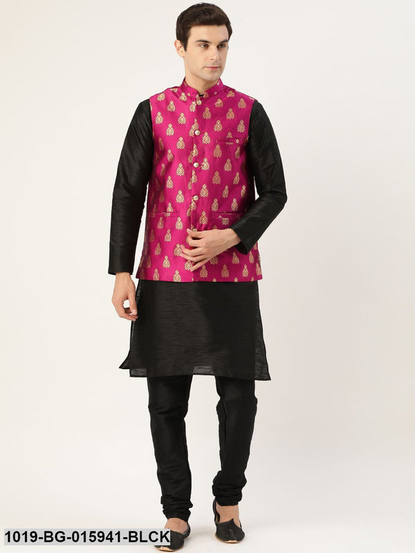 Men's Silk Blend Black Kurta Pyjama & Magenta Nehru jacket Combo - Sojanya