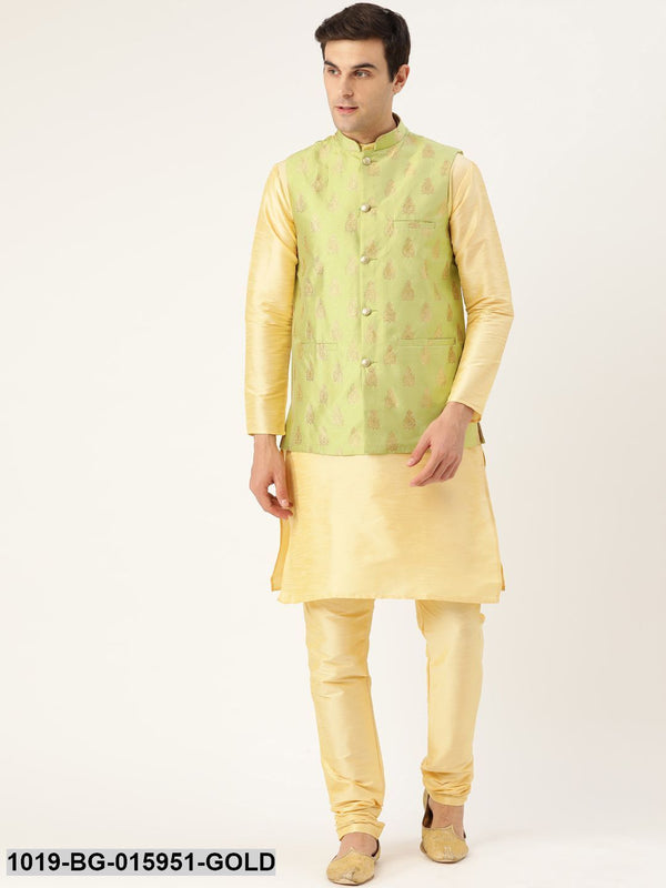 Men's Silk Blend Gold Kurta Pyjama & Green Nehru jacket Combo - Sojanya