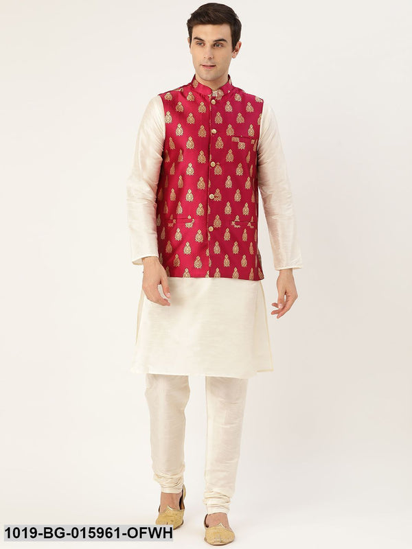 Men's Silk Blend Off White Kurta Pyjama & Magenta Nehru jacket Combo - Sojanya