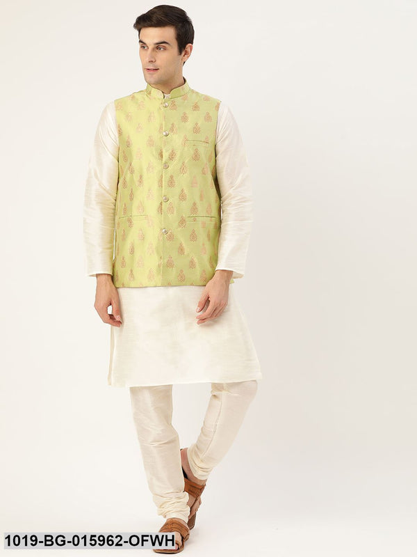 Men's Silk Blend Off White Kurta Pyjama & Green Nehru jacket Combo - Sojanya