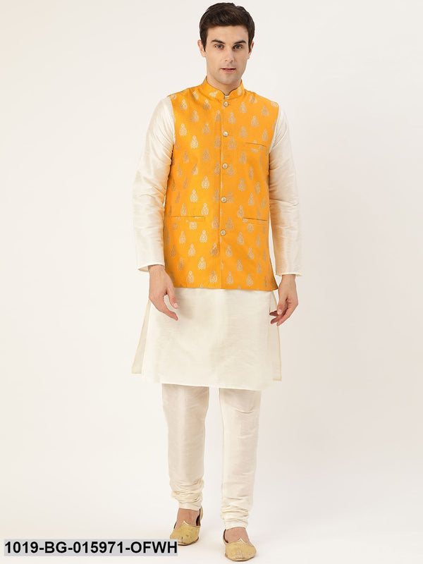 Men's Silk Blend Off White Kurta Pyjama & Mustard Nehru jacket Combo - Sojanya