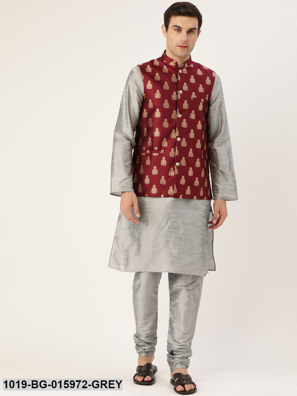 Men's Silk Blend Grey Kurta Pyjama & Maroon Nehru jacket Combo - Sojanya