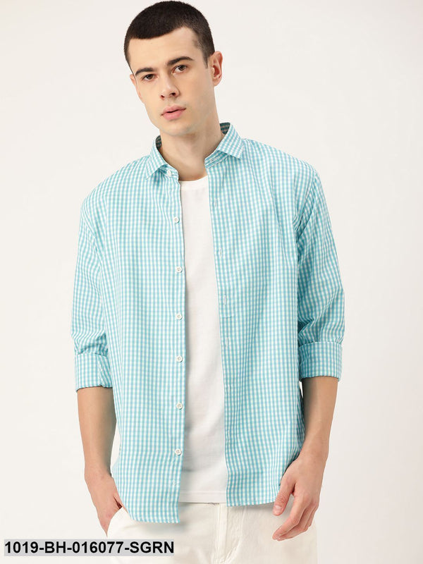 Men's Cotton Sea Green & White Checked Casual Shirt - Sojanya