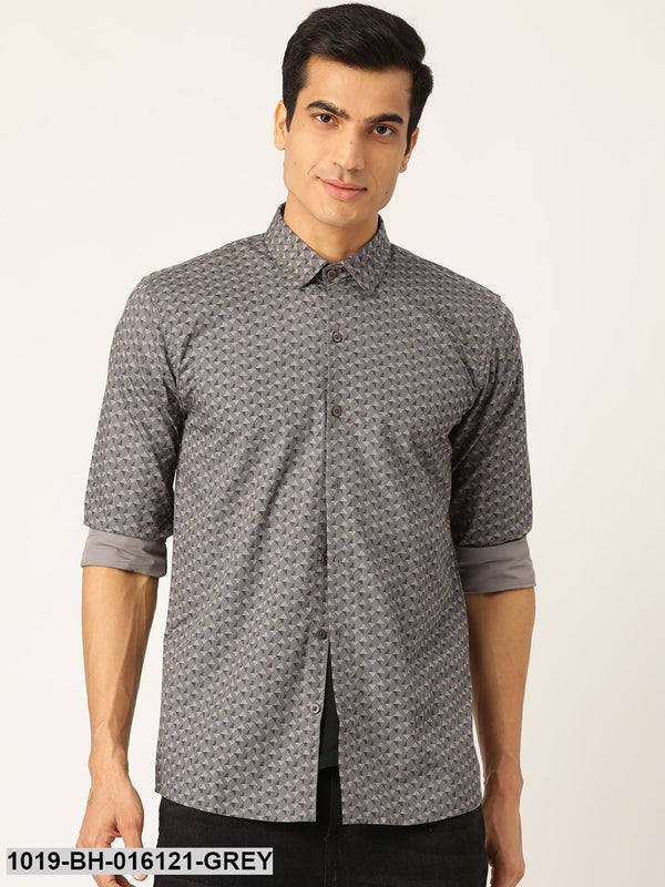 Men's Cotton Grey & Black Printed Casual Shirt - Sojanya