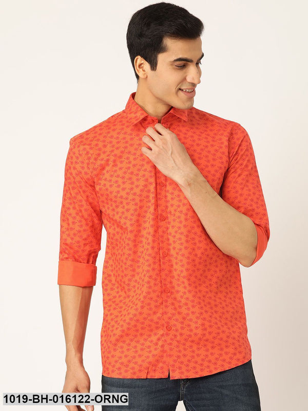 Men's Cotton Orange & Red Printed Casual Shirt - Sojanya