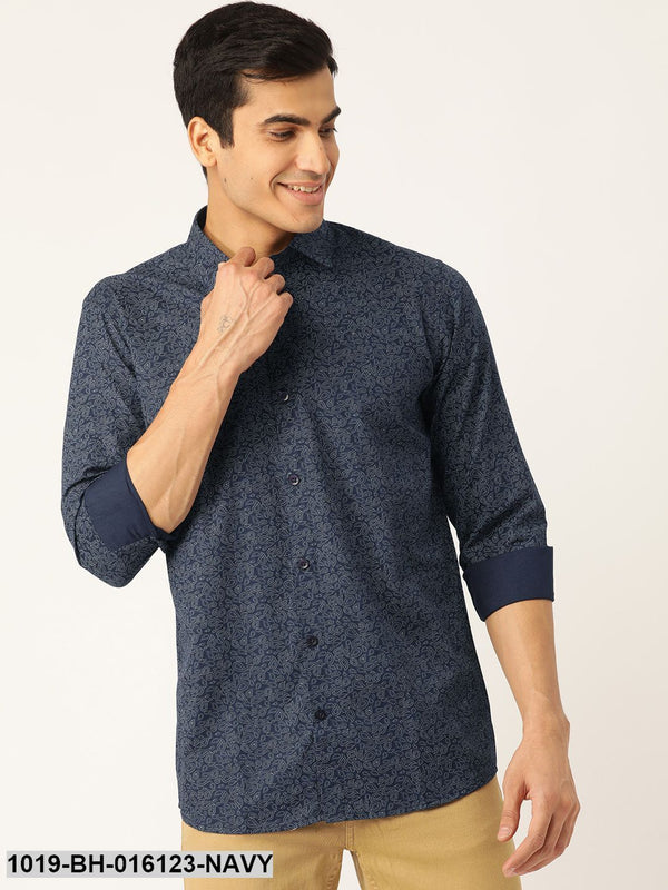 Men's Cotton Navy Blue & Silver Printed Casual Shirt - Sojanya