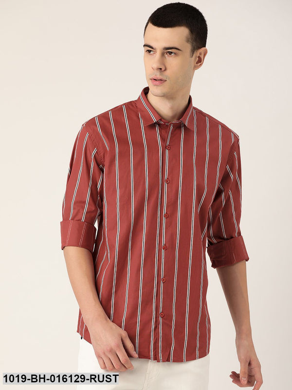 Men's Cotton Dark Rust & White Printed Casual Shirt - Sojanya