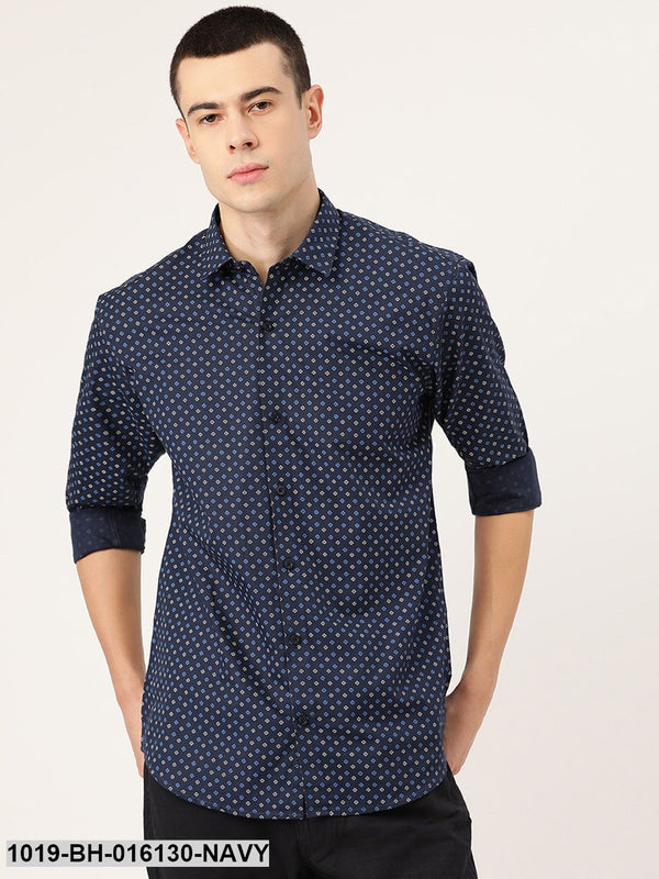 Men's Cotton Navy Blue & Multi Printed Casual Shirt - Sojanya