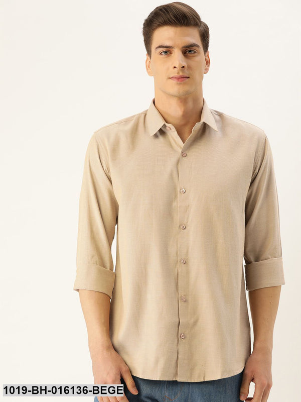 Men's Cotton Beige Self Design Casual Shirt - Sojanya