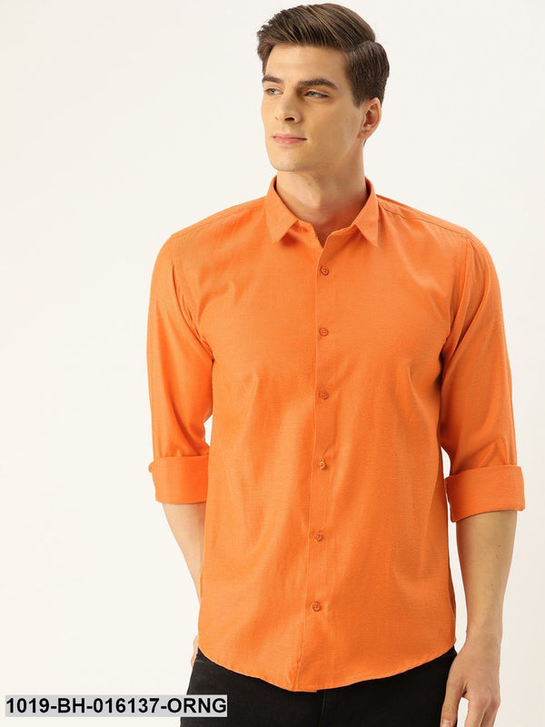 Men's Cotton Orange Self Design Casual Shirt - Sojanya