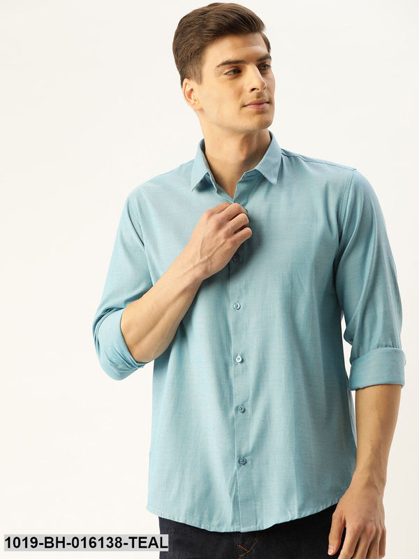 Men's Cotton Teal Blue Self Design Casual Shirt - Sojanya