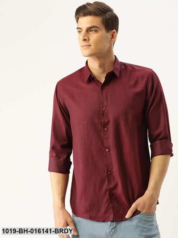 Men's Cotton Burgundy Self Design Casual Shirt - Sojanya