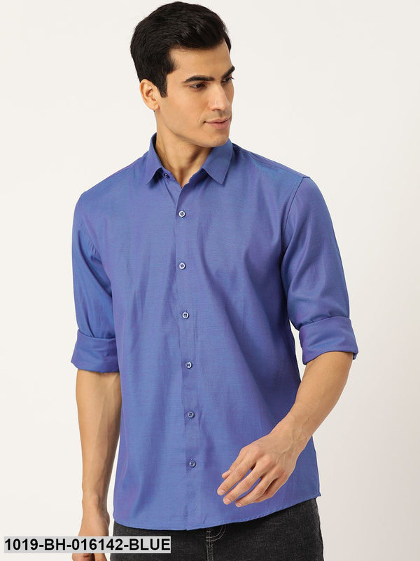 Men's Cotton Blue Self Design Casual Shirt - Sojanya