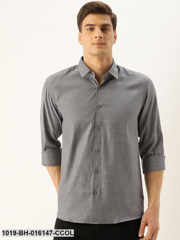 Men's Cotton Charcoal Grey Self Design Casual Shirt - Sojanya