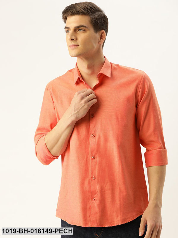 Men's Cotton Dark Peach Self Design Casual Shirt - Sojanya