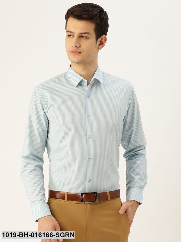 Men's Cotton Sea Green & Navy Blue Striped Formal Shirt - Sojanya