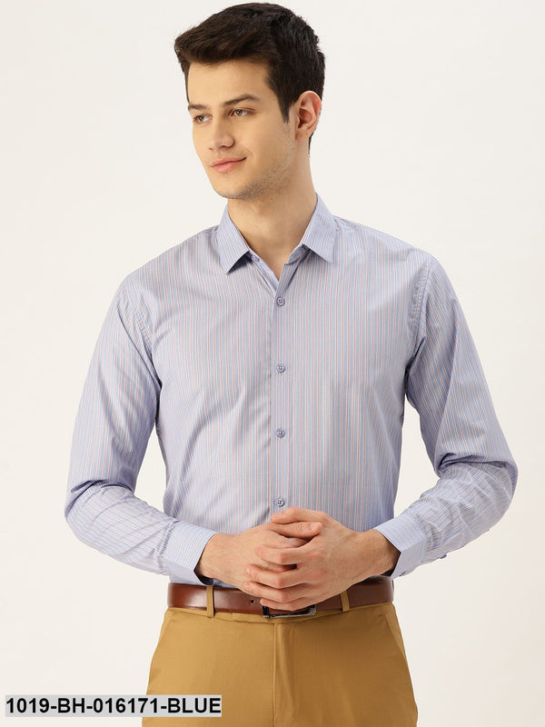 Men's Cotton Blue & Off White Striped Formal Shirt - Sojanya