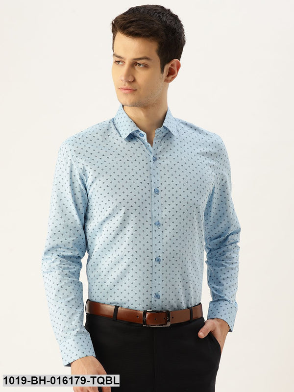 Men's Cotton Sky Blue & Black Printed Formal Shirt - Sojanya