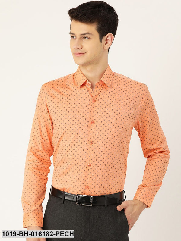 Men's Cotton Peach & Black Printed Formal Shirt - Sojanya