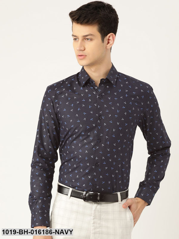 Men's Cotton Navy Blue & Multi Printed Formal Shirt - Sojanya