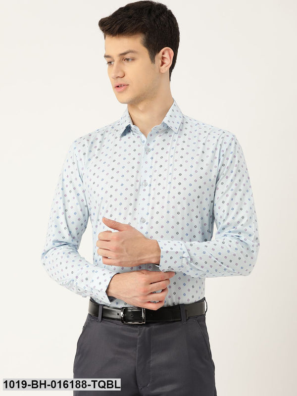 Men's Cotton Sky Blue & Multi Printed Formal Shirt - Sojanya