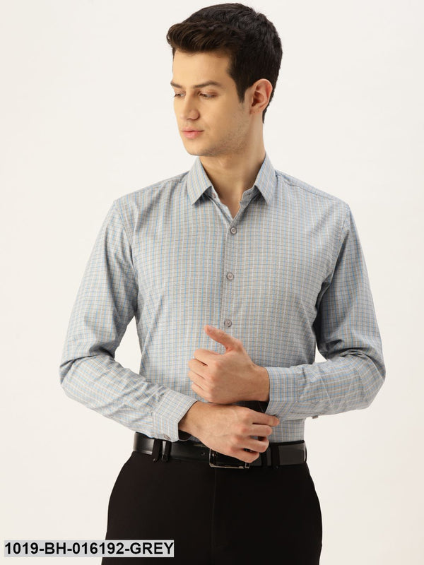 Men's Cotton Grey & Blue Checked Formal Shirt - Sojanya