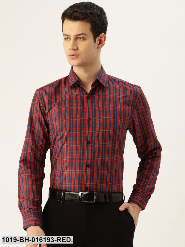 Men's Cotton Red & Navy Blue Checked Formal Shirt - Sojanya