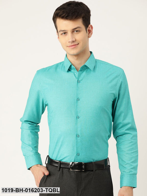 Men's Cotton Linen Turquoise Blue Solid Formal Shirt - Sojanya