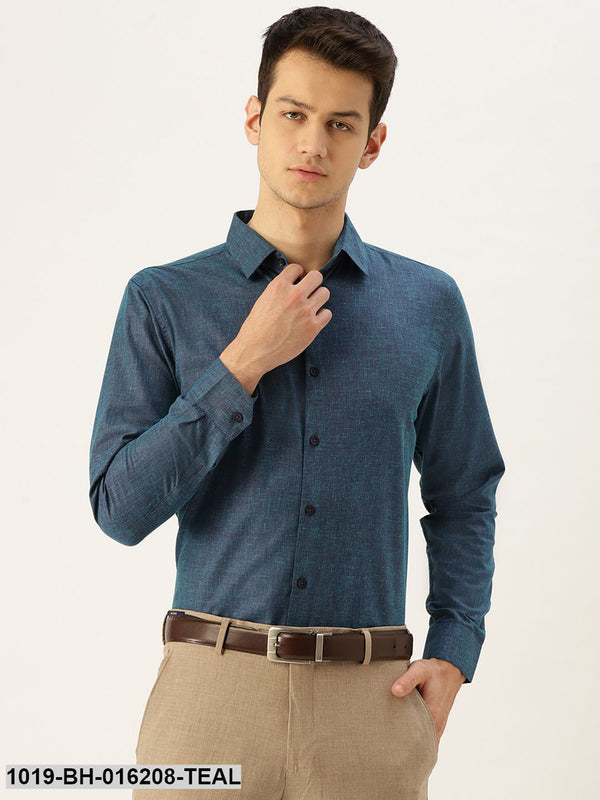 Men's Cotton Linen Teal Blue Solid Formal Shirt - Sojanya