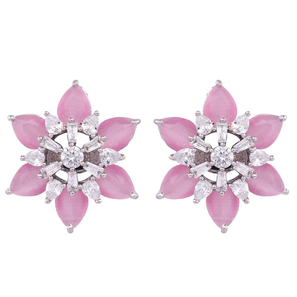 White Rhodium With Pink American Diamond Studded Handcrafted Earrings for Women and Girls - Saraf RS Jewellery