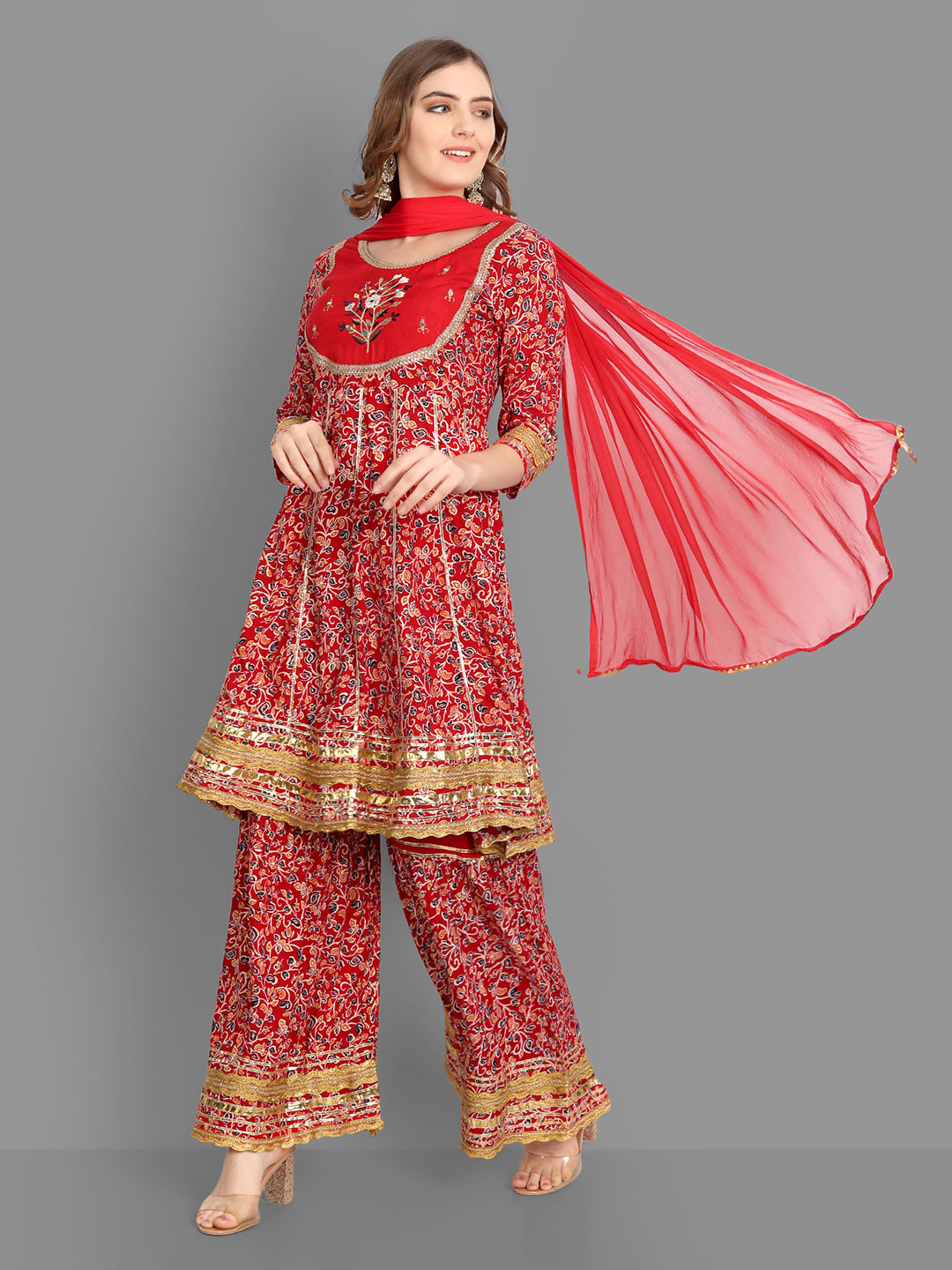 Women's Rayon Red Printed Embroidered Kurta With Sharara And Dupatta Set - Singni