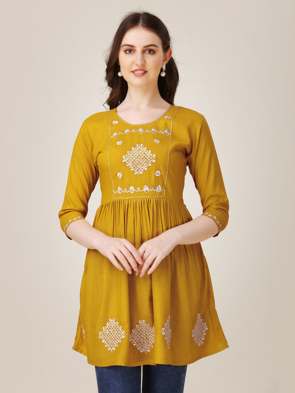 Women's Embroidered A-Line Mustard Tunic - Malishka Export